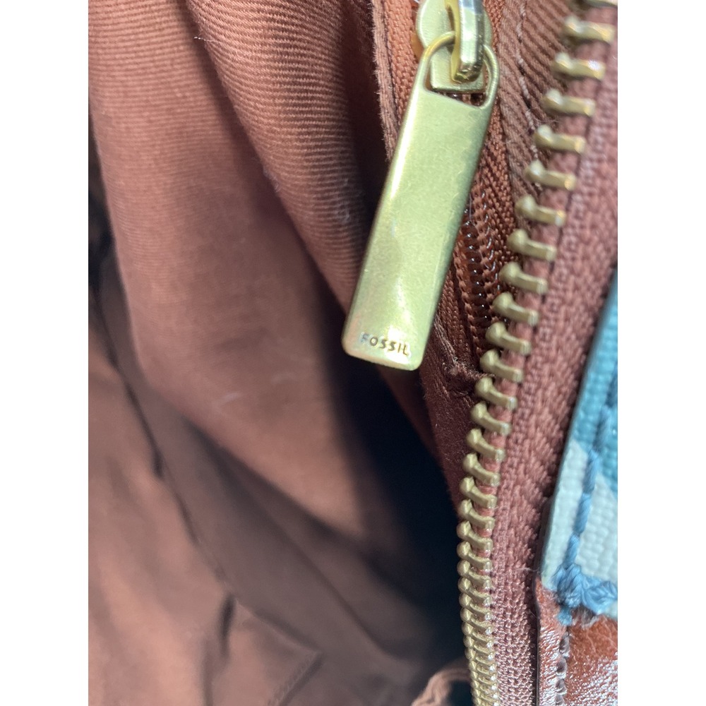 Fossil Geometric Print Satchel Crossbody Bag‎ and Wallet Set Brown Leather Trim - Picture 14 of 14